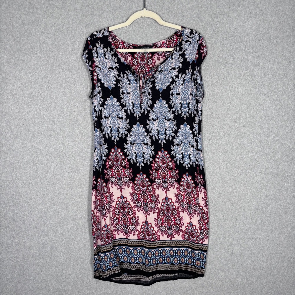 Papillon Dress Medium Navy Paisley Medallion Popover Neck Tie Resort Cruise Boho